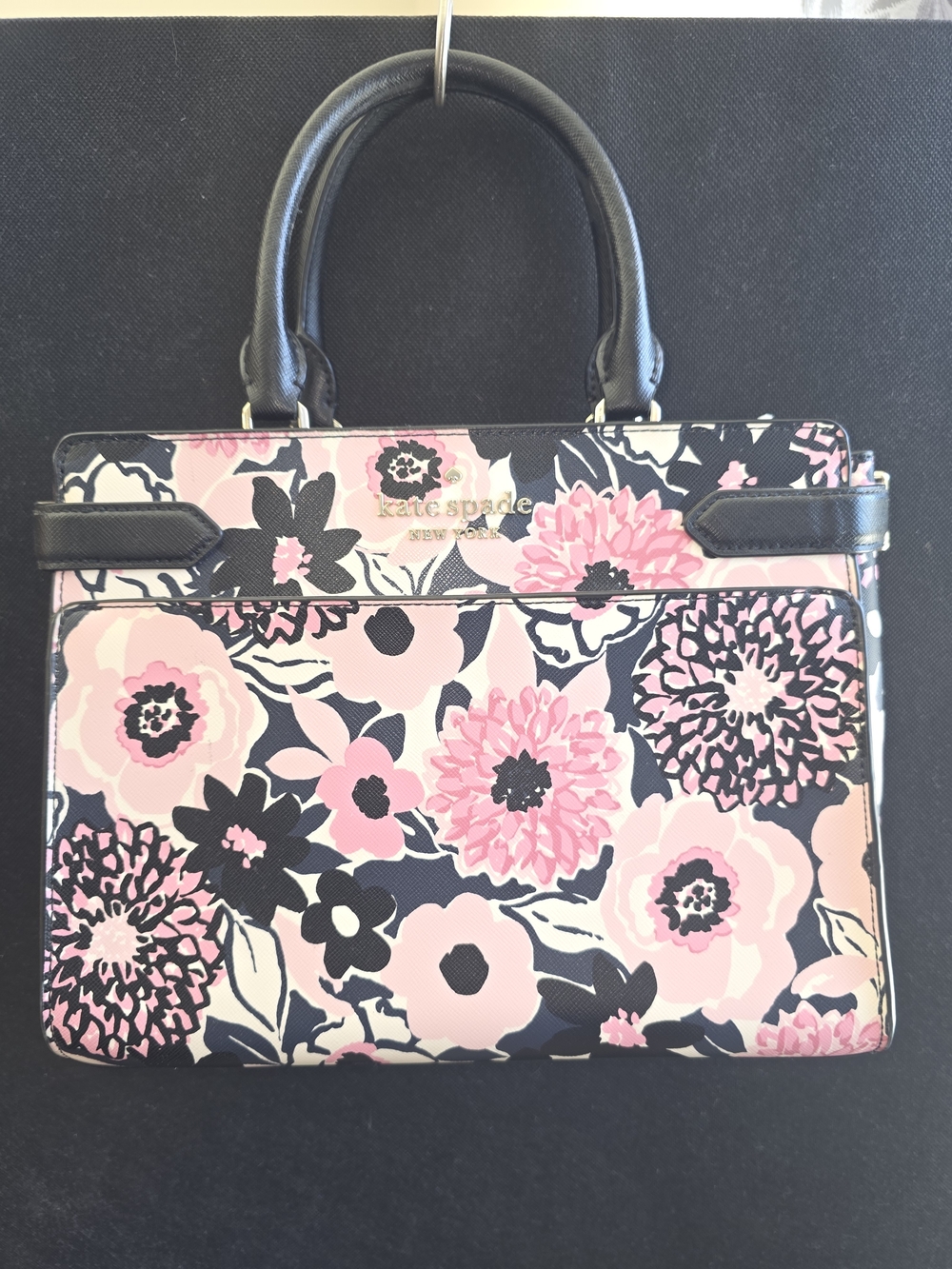 kate spade Pink and Black Floral Satchel with Black Handles